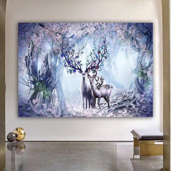 White Deer Fantasy Forest Cherry Blossom Enchanted Stag Wall Art Print