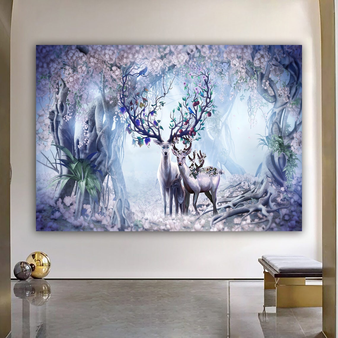 White Deer Fantasy Forest Cherry Blossom Enchanted Stag Wall Art Print