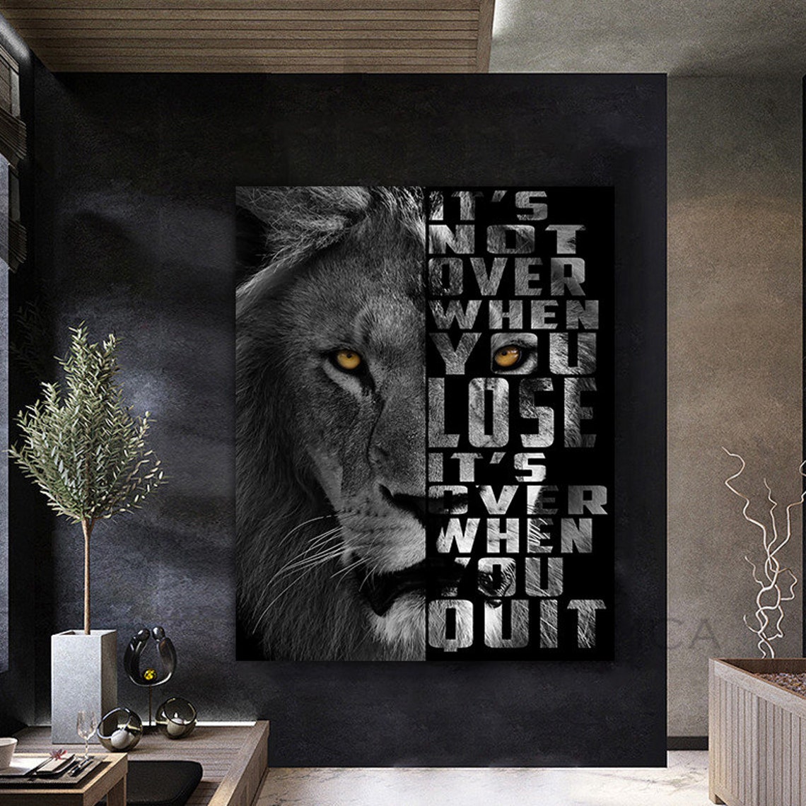 Lion Strength Quote Poster Never Quit Motivational Black White Print
