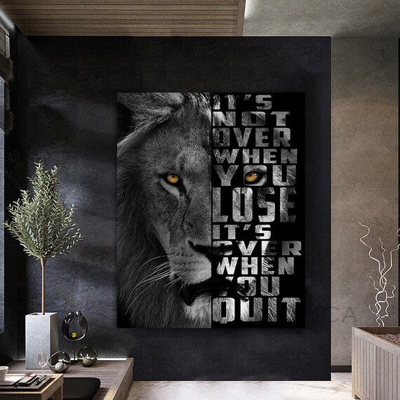 Lion Strength Quote Poster Never Quit Motivational Black White Print