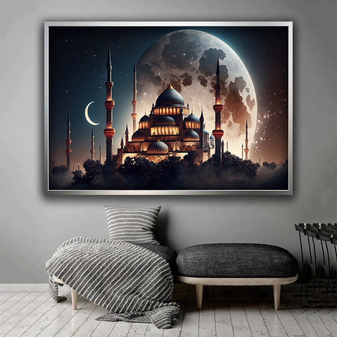Full Moon Rising Behind Illuminated Mosque Minarets Night Poster