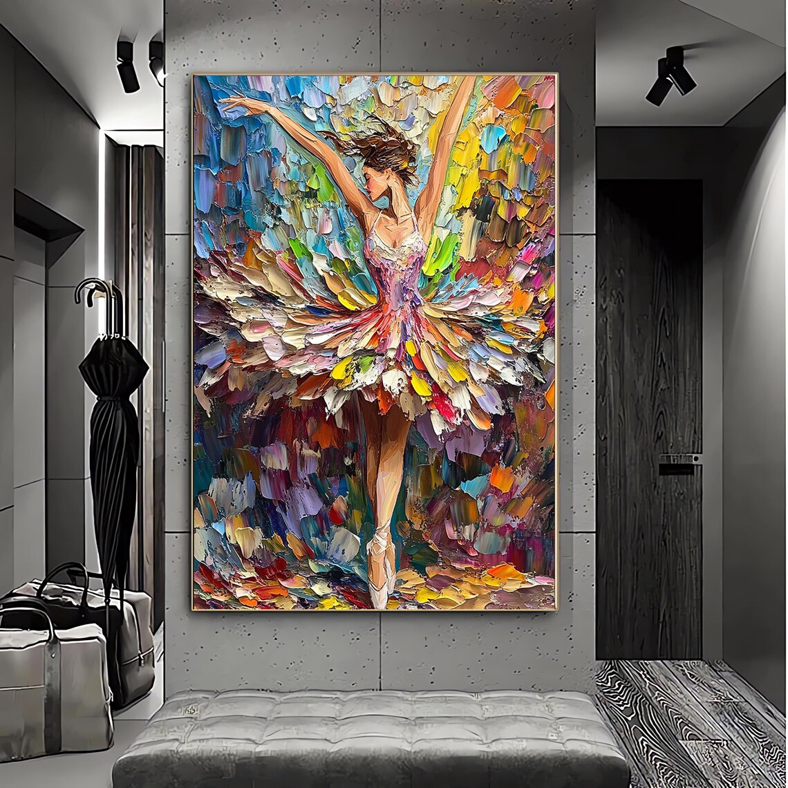 Colorful Impasto Ballerina Tutu Dancer Abstract Rainbow Oil Painting Poster