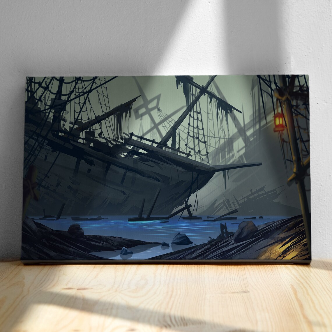 Ghost Shipwreck Foggy Lagoon Blue Glow Mystery Dark Nautical Wall Art