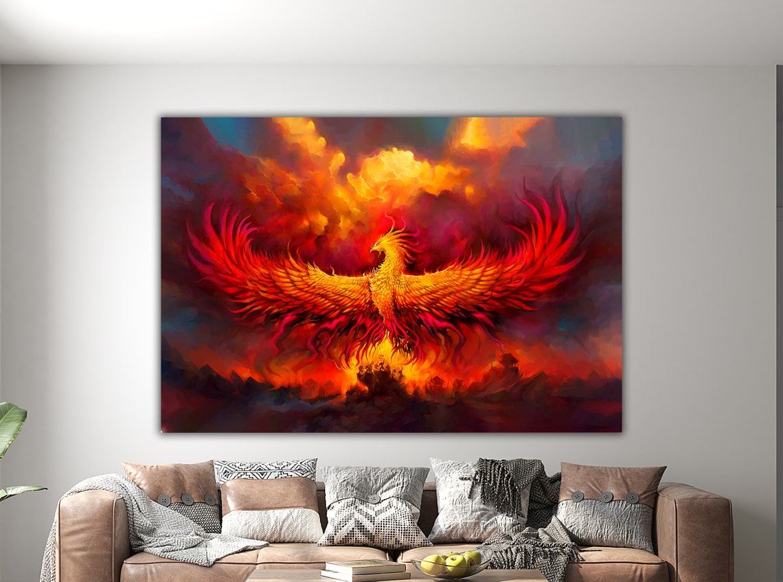 Fiery Red Phoenix Rising Flames Mythical Bird Wall Art Poster