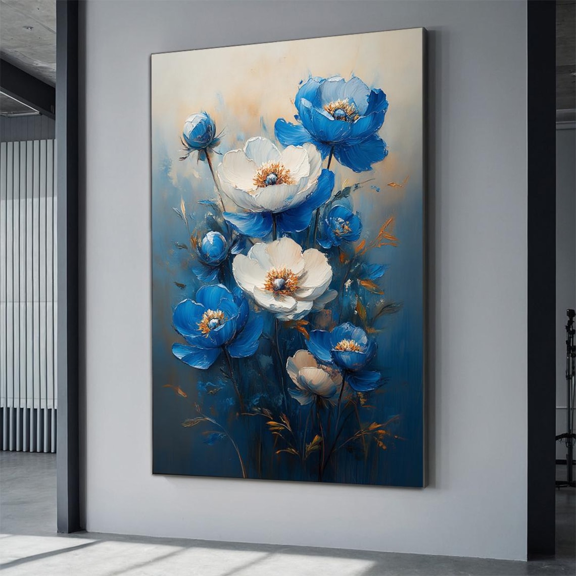 Blue White Anemone Floral Oil Painting Modern Botanical Art Poster