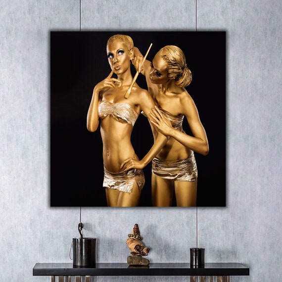 Women Doing Makeup Painting Gold Color Woman Painting Woman With Makeup Brush Print Hairdressing Salon Painting