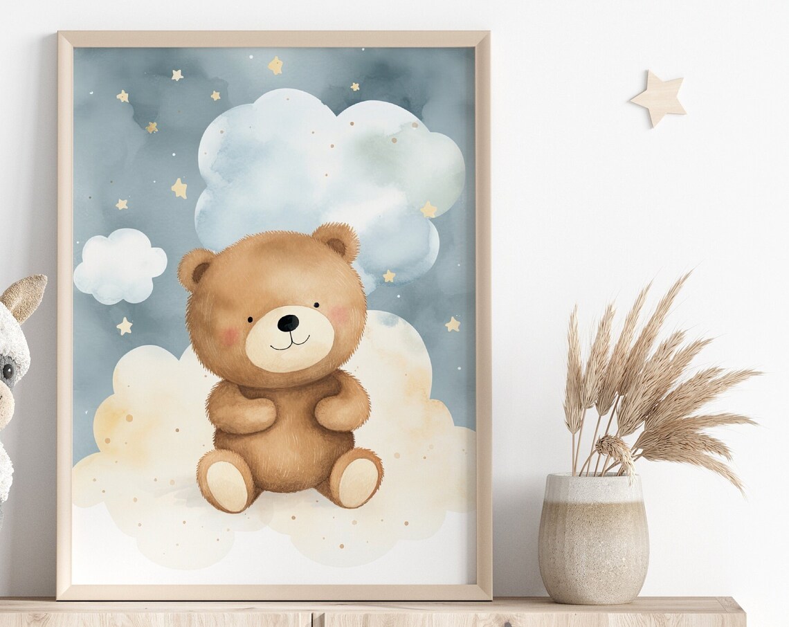 Cute Teddy Bear Nursery Print with Clouds and Stars for Newborns