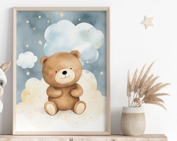 Dreamy Baby Room Poster Nursery Decoration Cute Bear Watercolor Cloud Illustration Art Prints Newborns