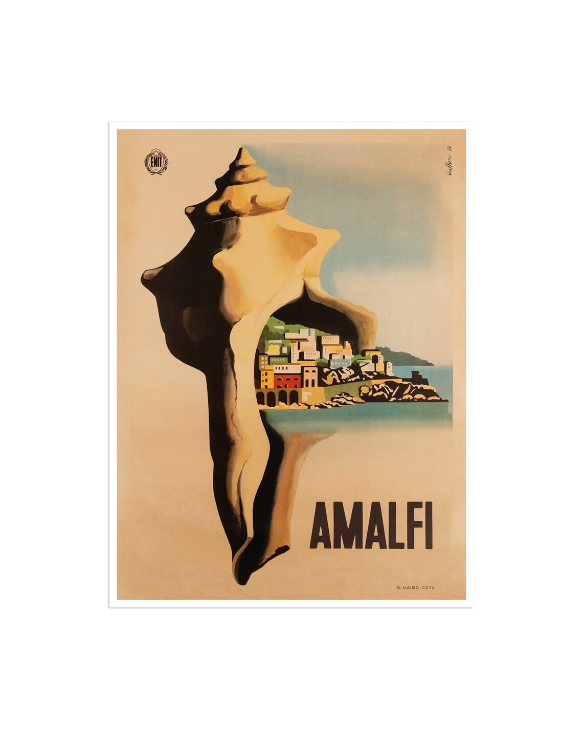 Amalfi Italy Vintage Travel Poster with Seashell Coastal Scene
