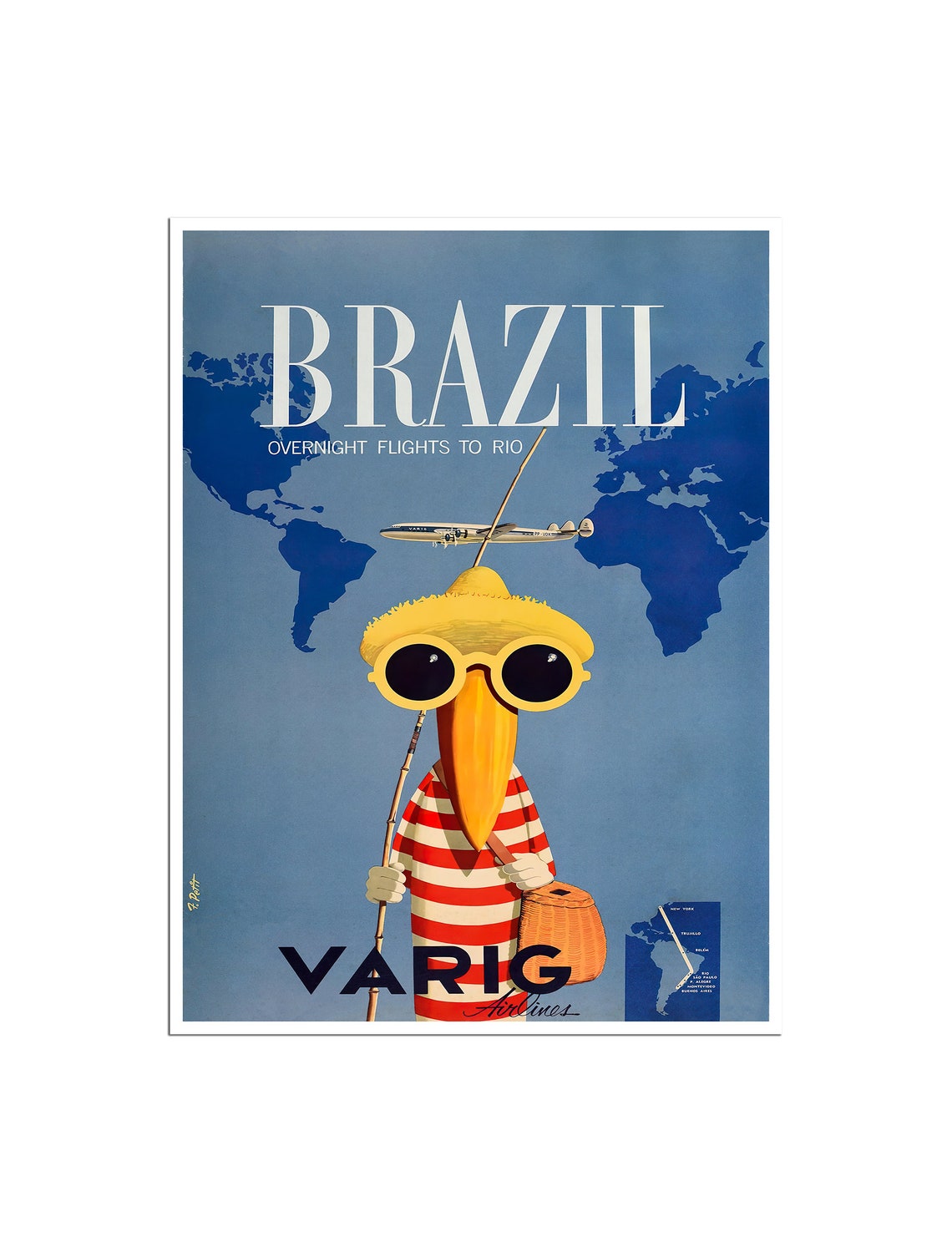 Varig Brazil Rio Flights Pelican Map Retro Airline Travel Poster