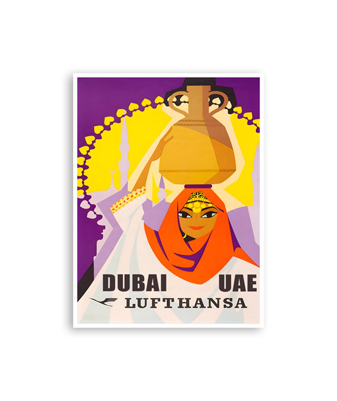 Dubai UAE Water Jar Woman Lufthansa Airline Vintage Travel Poster