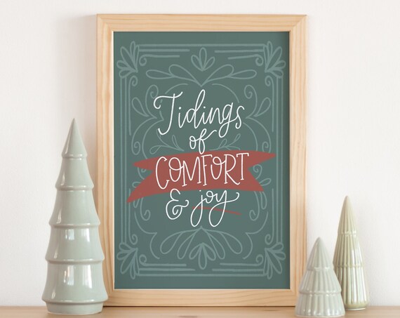 Teal Tidings Of Comfort And Joy Hand Lettered Christmas Poster