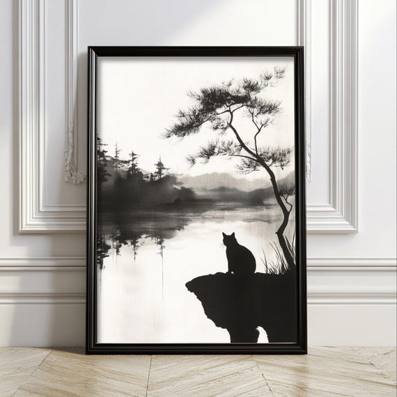 Cat Wall Art Japanese Ink Print Zen Minimalist Decor Black And White Trendy Vintage Nature