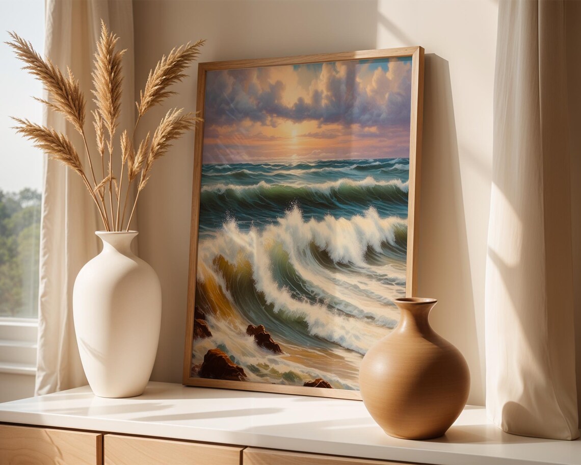Sunset Ocean Wave Art Print, Peaceful Coastal Surf