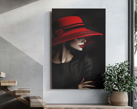 Mysterious Woman in Red Hat Elegant Red Lips Noir Style Portrait Poster