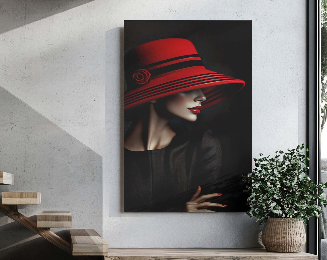 Mysterious Woman in Red Hat Elegant Red Lips Noir Style Portrait Poster