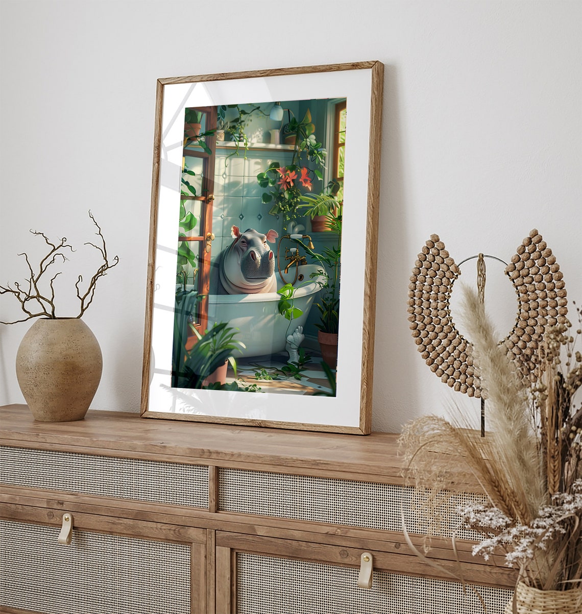 Hippo Relaxing In A Clawfoot Tub Botanical Bathroom Funny Art Poster - Image 2