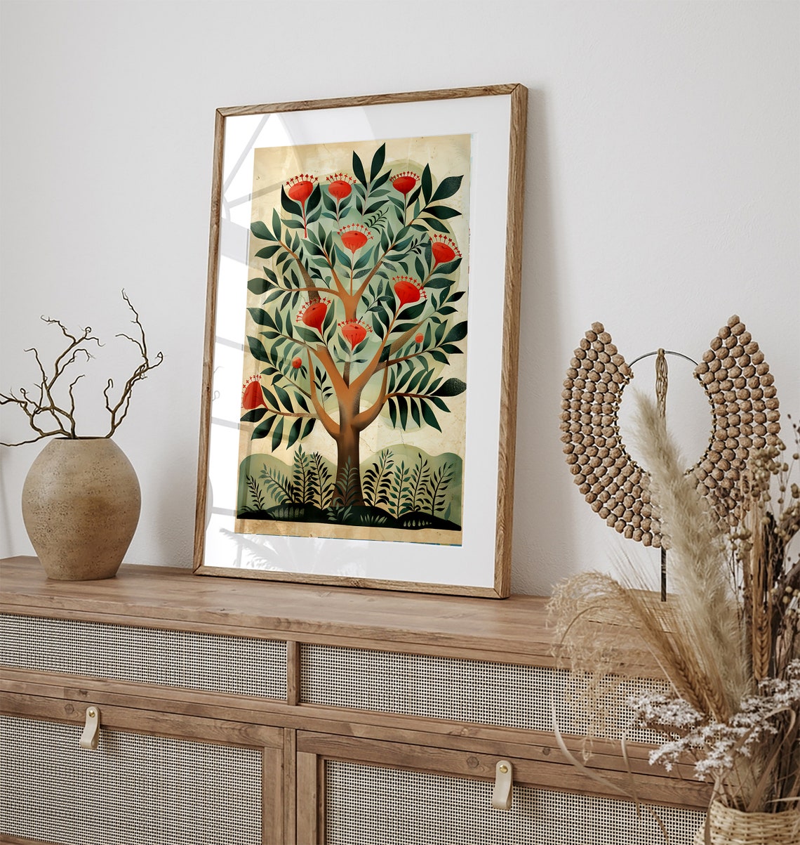 Vintage Flowering Tree Red Blossoms Indian Folk Style Nature Poster - Image 2