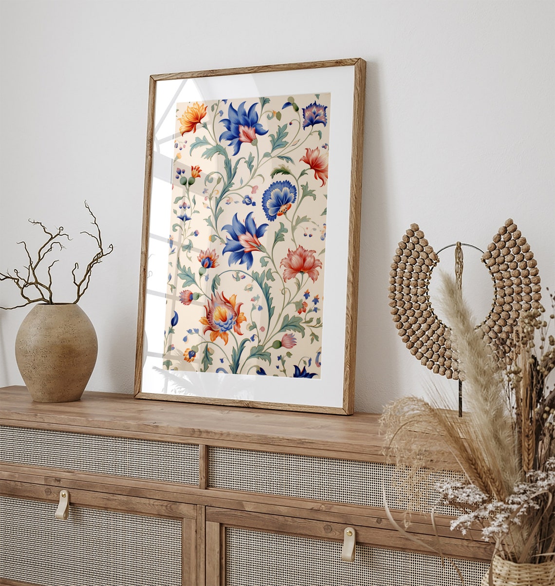 Mughal Floral Pattern in Blue Orange and Pink on Cream Poster - Image 3