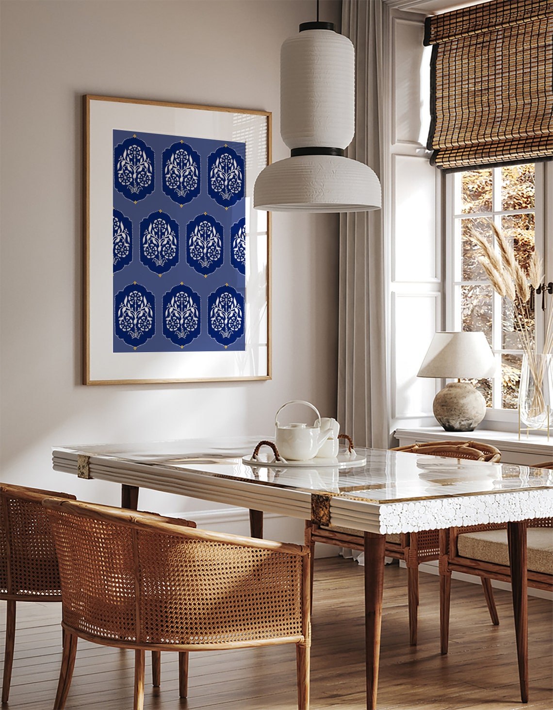 Blue and White Mughal Floral Medallion Repeat Pattern Art Poster - Image 2