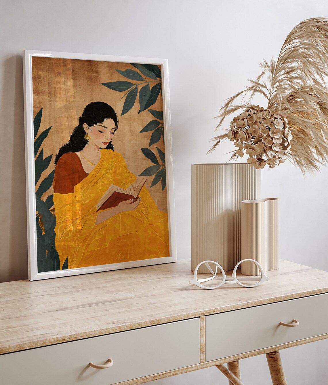 Indian Woman Yellow Saree Reading Book Gold Desi Artwork Poster - Image 3