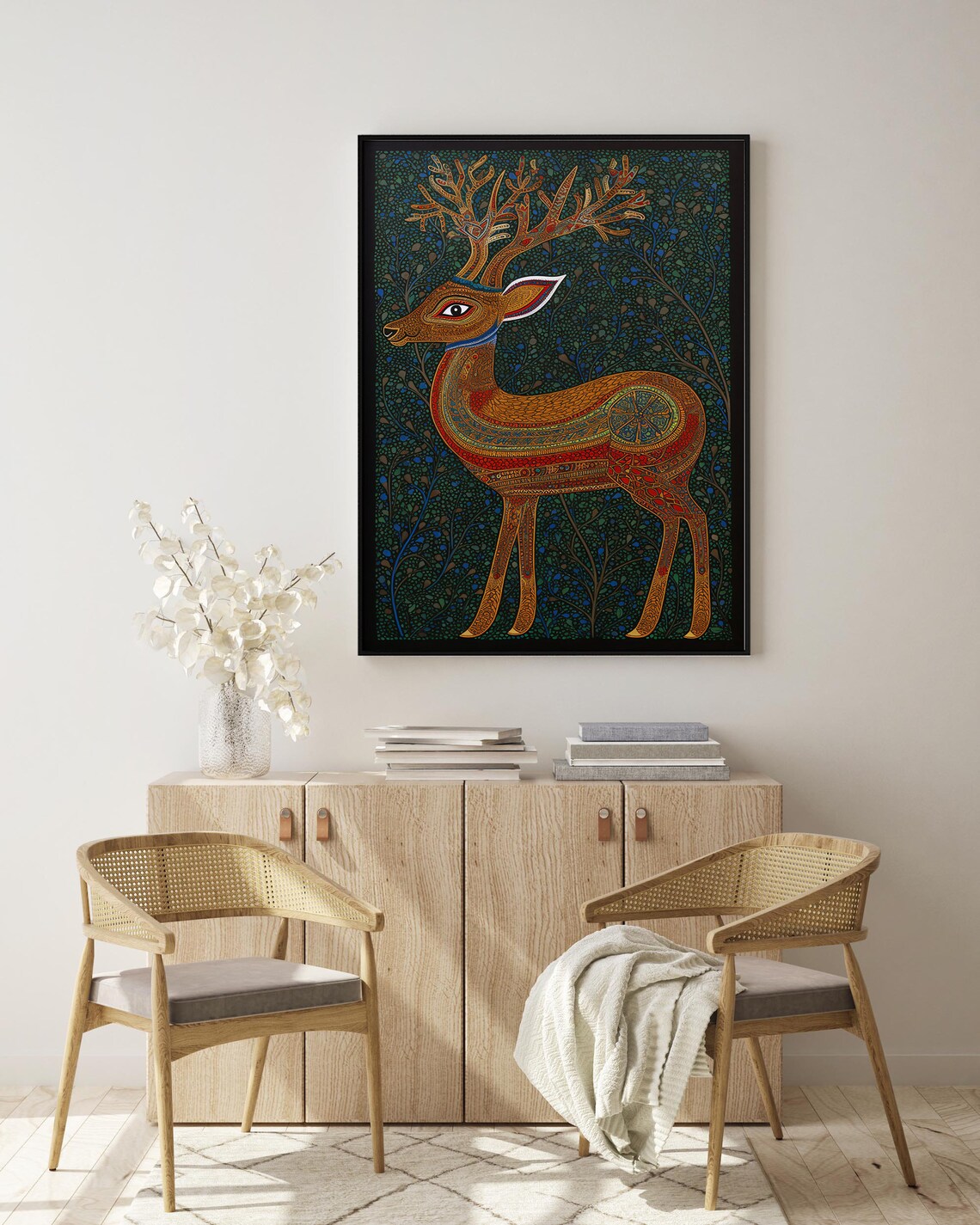Indian Deer Gond Painting, Vintage Folk Art Print - Image 2