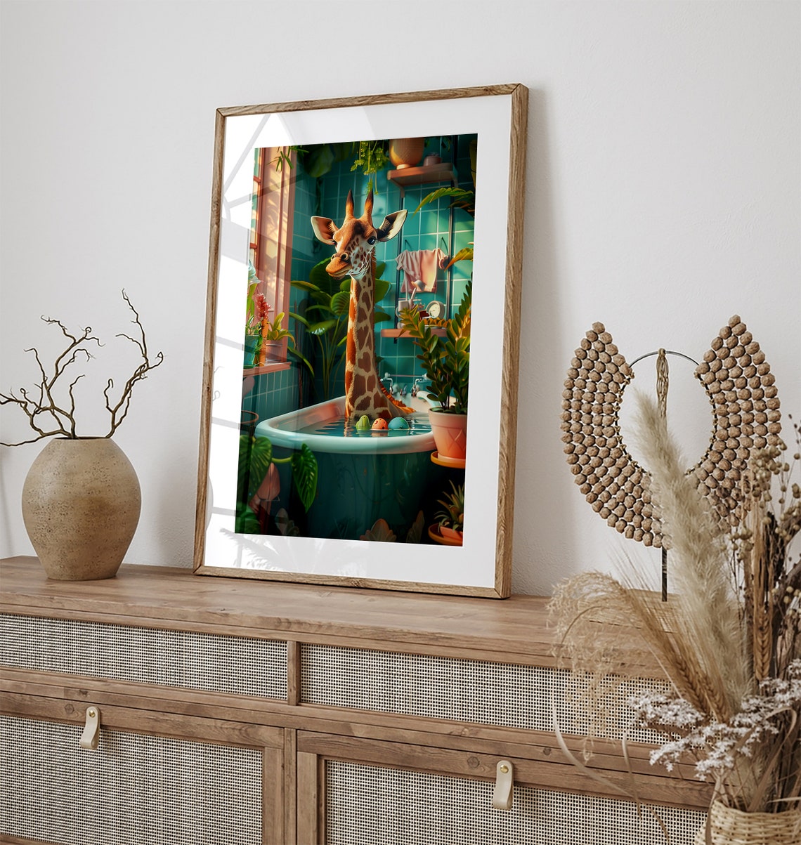 Giraffe Relaxing in a Bathtub Funny Tropical Bathroom Art Poster - Image 3