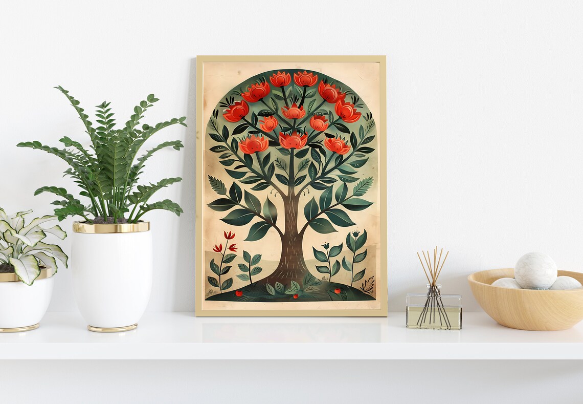 Tree of Life Red Blossoms Green Leaves Vintage Folk Artwork Poster - Image 3