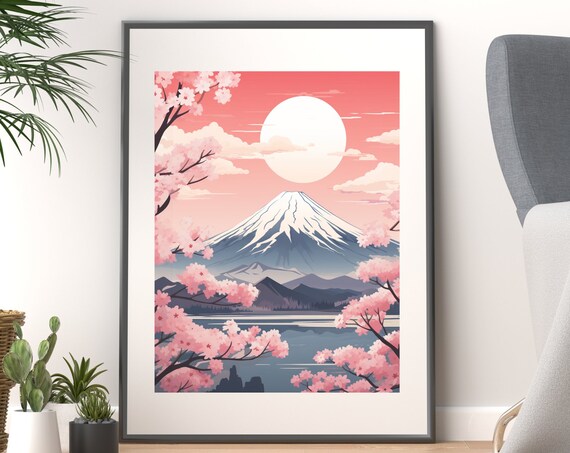 Mount Fuji Pink Cherry Blossom Sunrise Lake Japanese Nature Wall Art