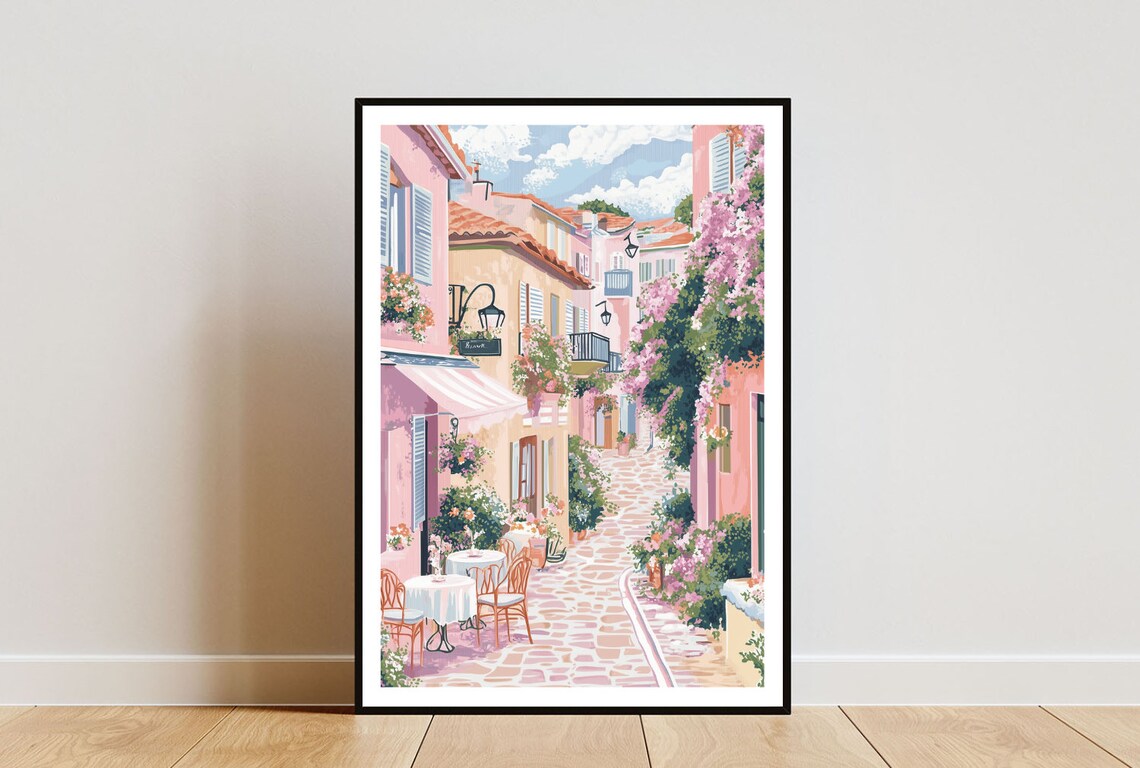 Sunlit Pink Village Street Cafe Blooming South France Poster