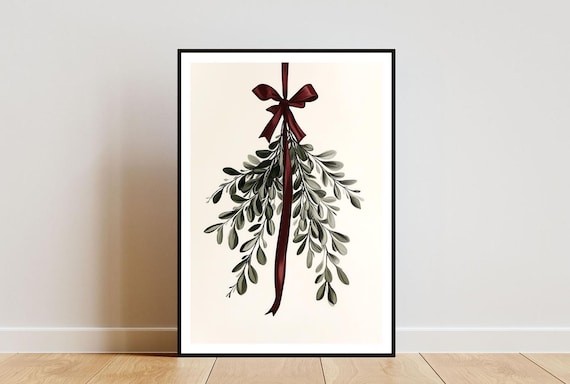 Mistletoe Sprig Burgundy Ribbon Watercolor Holiday Art Poster