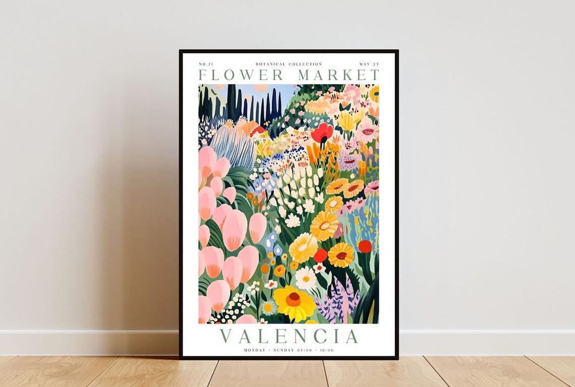 Valencia Flower Market Poster Valencia Poster Flower Market Print Flower Wall Art Botanical Poster Floral Wall Art Pink Flower Poster