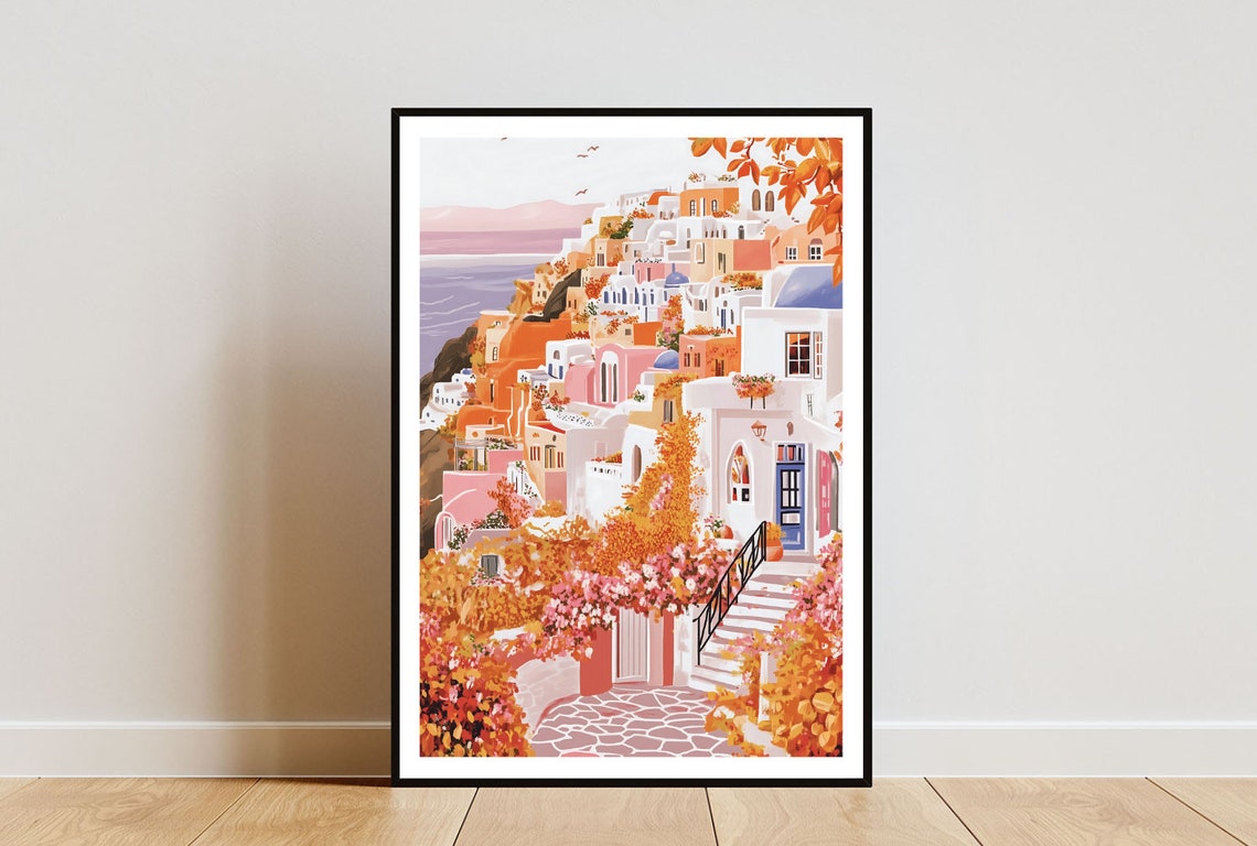 Santorini In Autumn Blue Domes And Orange Bougainvillea Poster