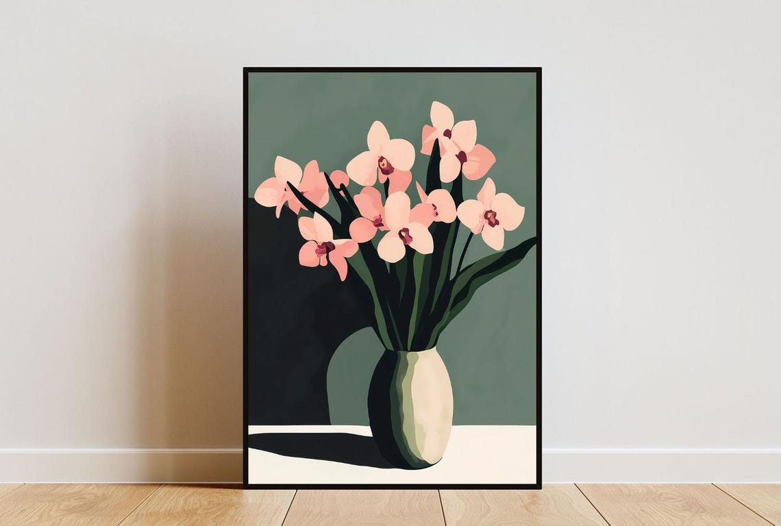Pink Orchid Blooms In Vase Modern Floral Still Life Art Poster