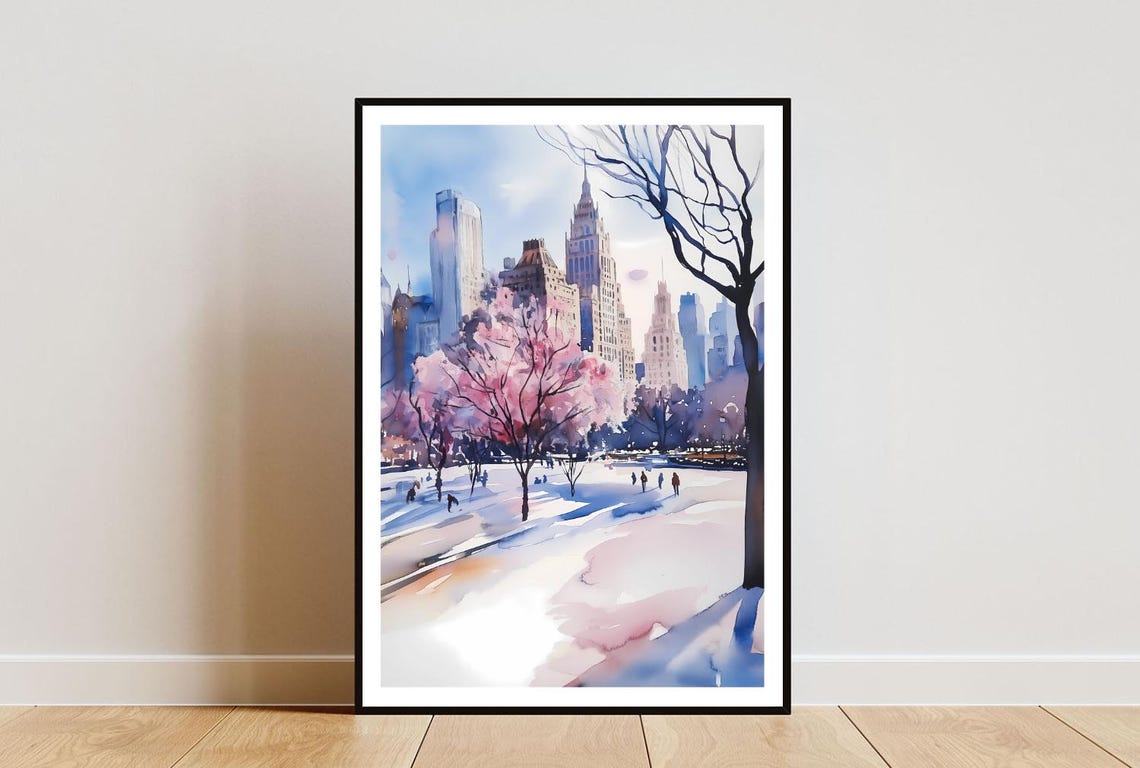 Central Park Spring Blossom New York Skyline Watercolor Poster