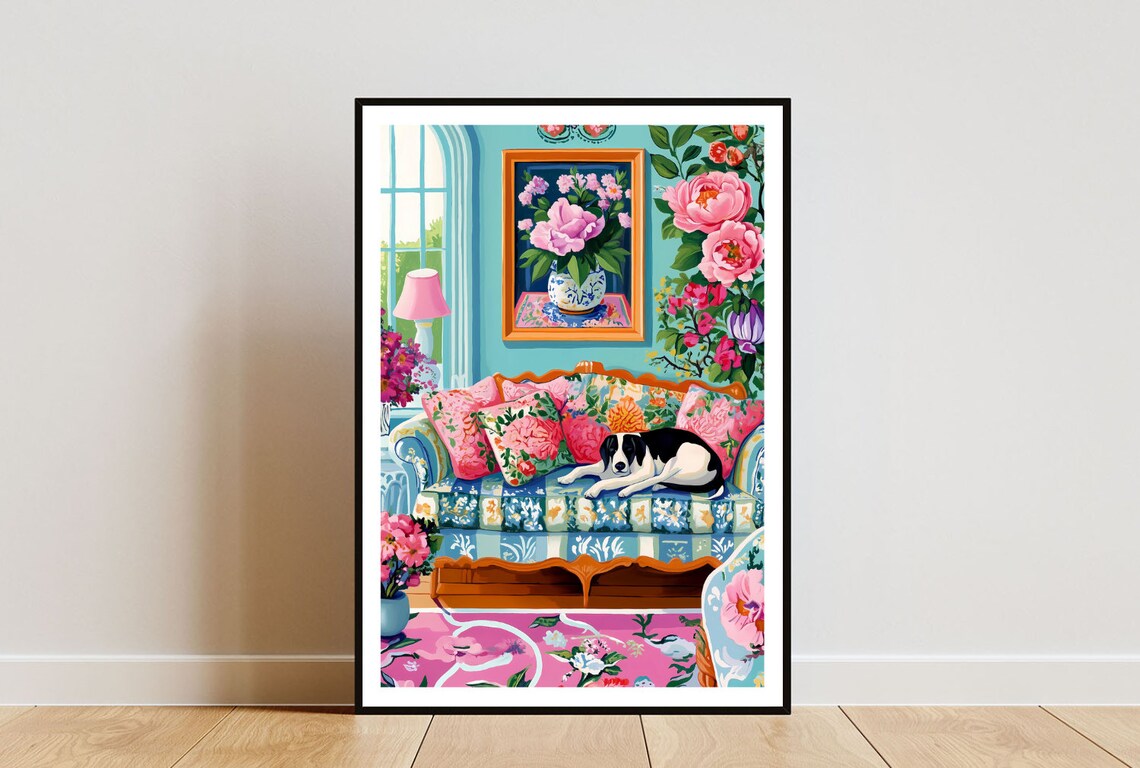 Black And White Dog On Floral Couch Illustration Poster For Dog Lovers