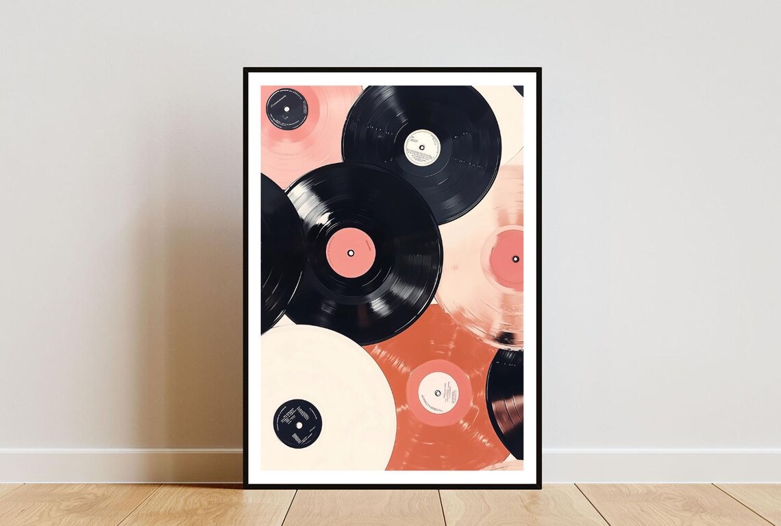 Retro Vinyl Record Collection Pink Black Groove Music Art Poster