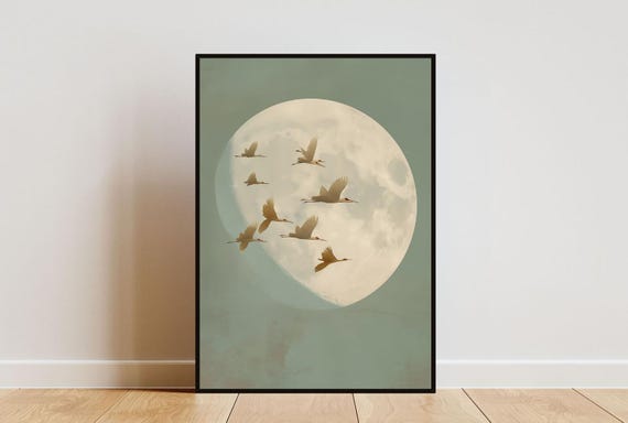 Green And Gold Poster Cranes Print Moon Wall Art Flying Cranes Poster Japanese Print Moon Poster Birds Wall Art Gold Cranes Wall Art