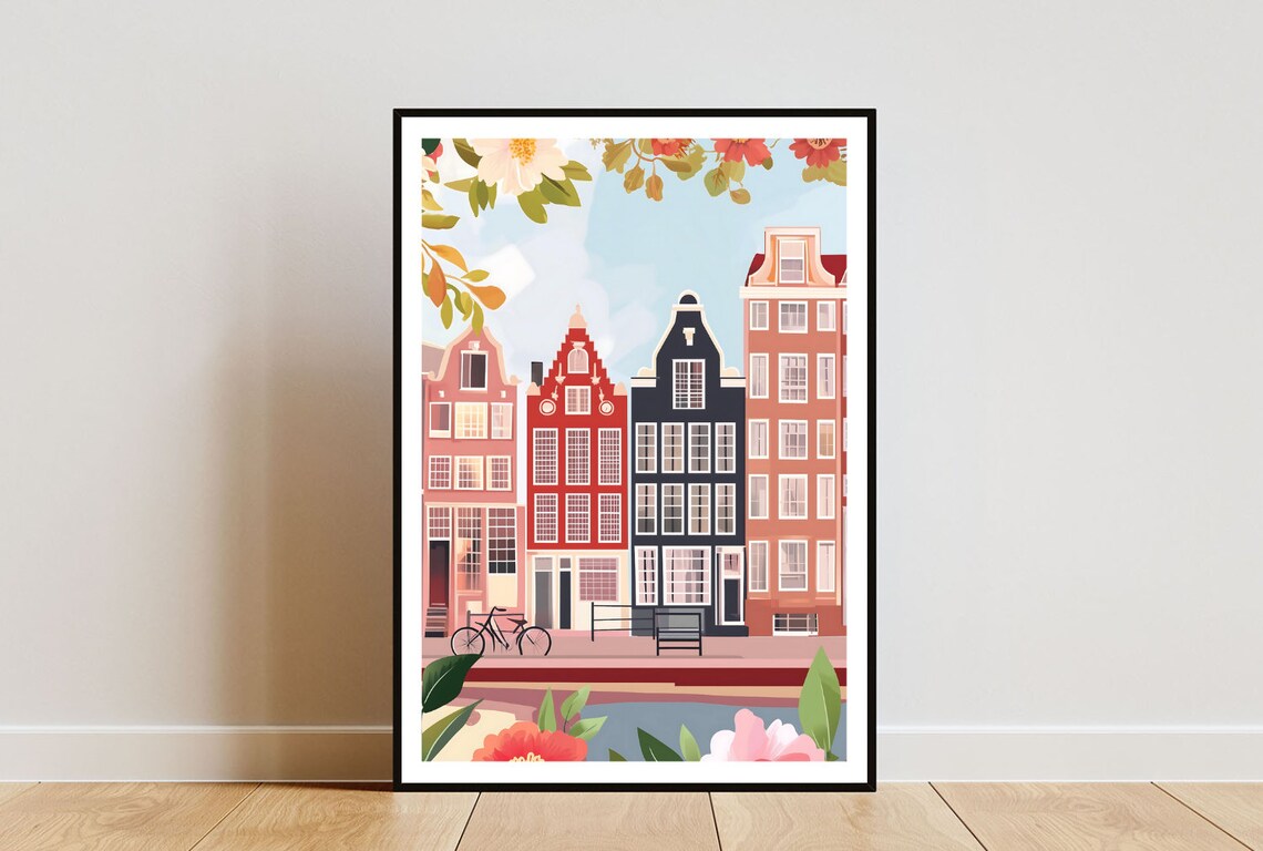 Amsterdam Netherlands Travel Poster Canal Houses Bike Scene Art