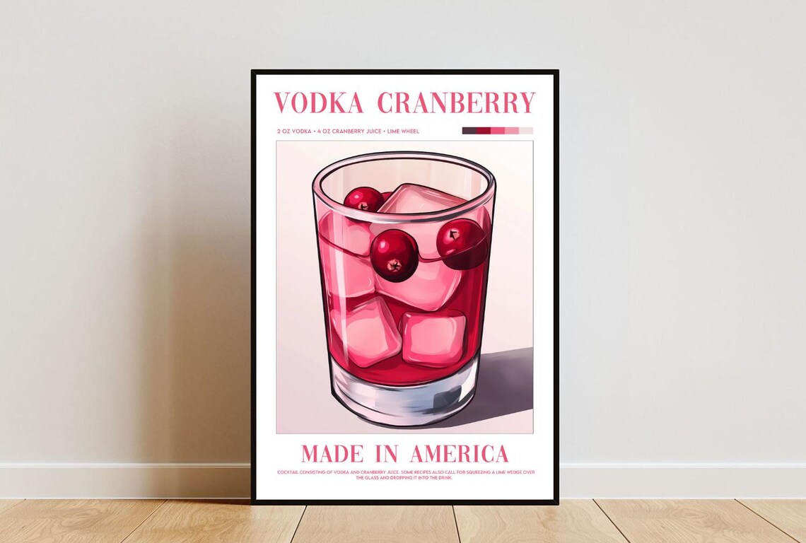 Vodka Cranberry Cocktail Recipe Retro Bar Poster Made In America Drink Decor