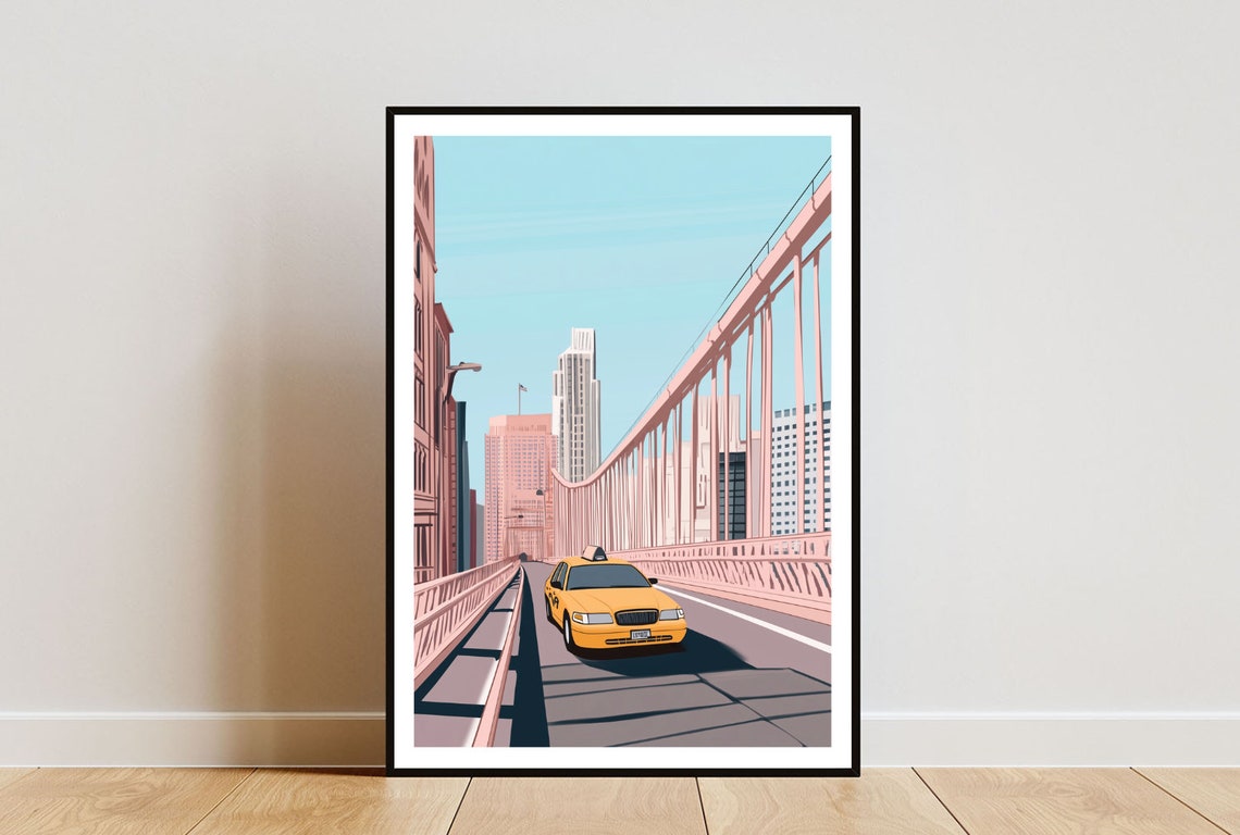 San Francisco Golden Gate Bridge Yellow Taxi City Art Poster