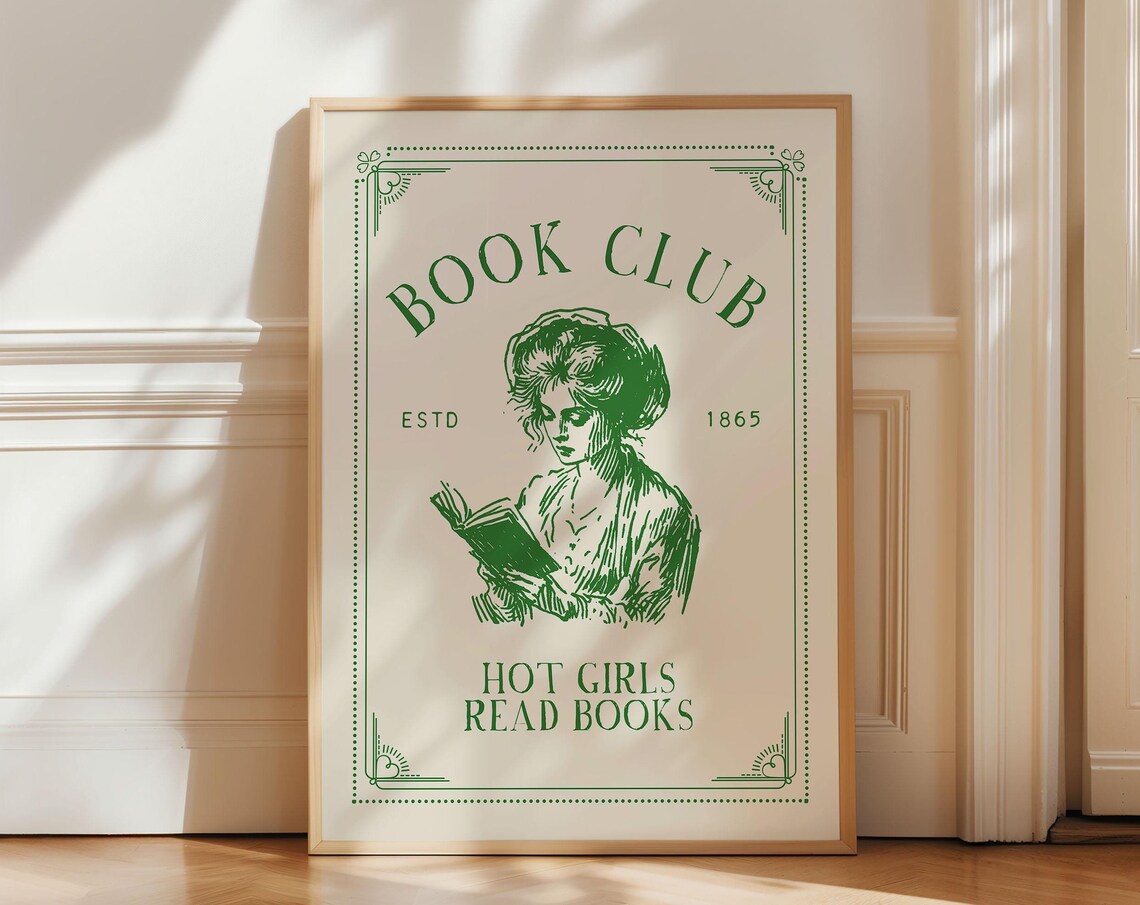 Book Club Art Print Vintage Reading Poster Retro Book Club Print Trendy Dorm Room Decor Cute Quote Print Girly Wall Art Art Green