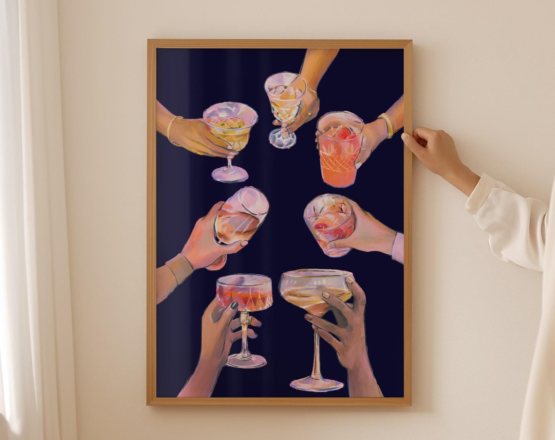 Cocktail Cheers Illustration Bar Cart Party Drinks Navy Poster