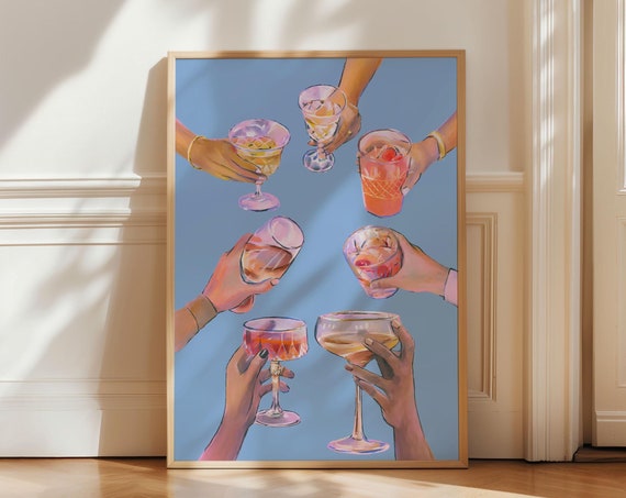 Bar Cart Print Cheers Poster Trendy Wall Art Retro Decor Kitchen Vintage Drinks Blue