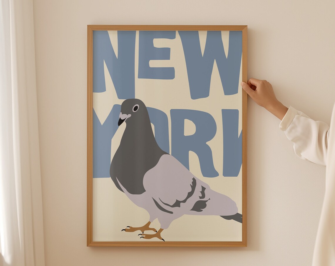 New York Pigeon Bold Blue Typography Quirky City Wall Poster