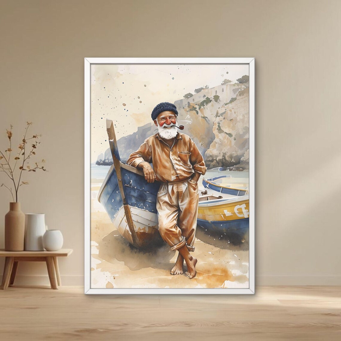 Old Fisherman Pipe Watercolor Portrait Nautical Decor Art Poster