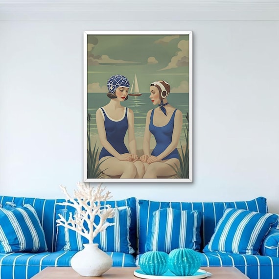 Vintage 1920s Art Deco Swimmers By The Sea With Sailboat Art Poster