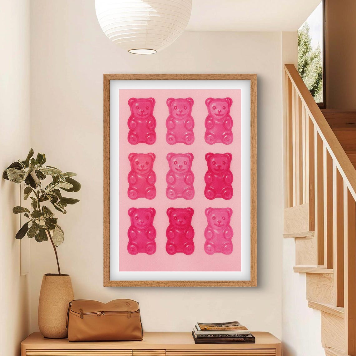 Nine Pink Gummy Bears Trendy Sweet Candy Playful Kitchen Poster