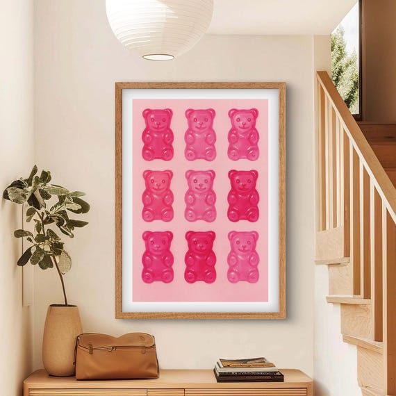 Pink Gummy Bears Wall Art Cute Print Trendy Candy Poster Playful Kitchen Decor Fun Artwork For Dorm Or Home
