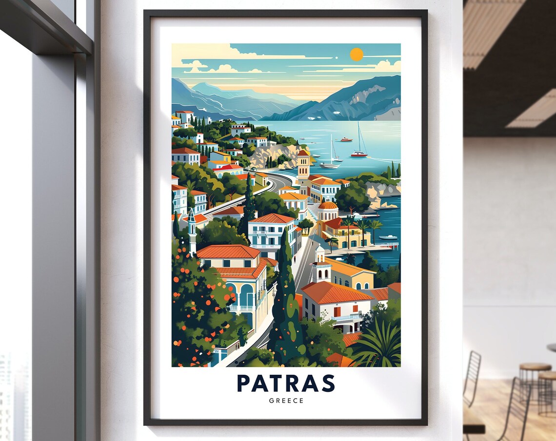 Patras Greece Coastal Town Terracotta Roofs Sailboats Travel Poster